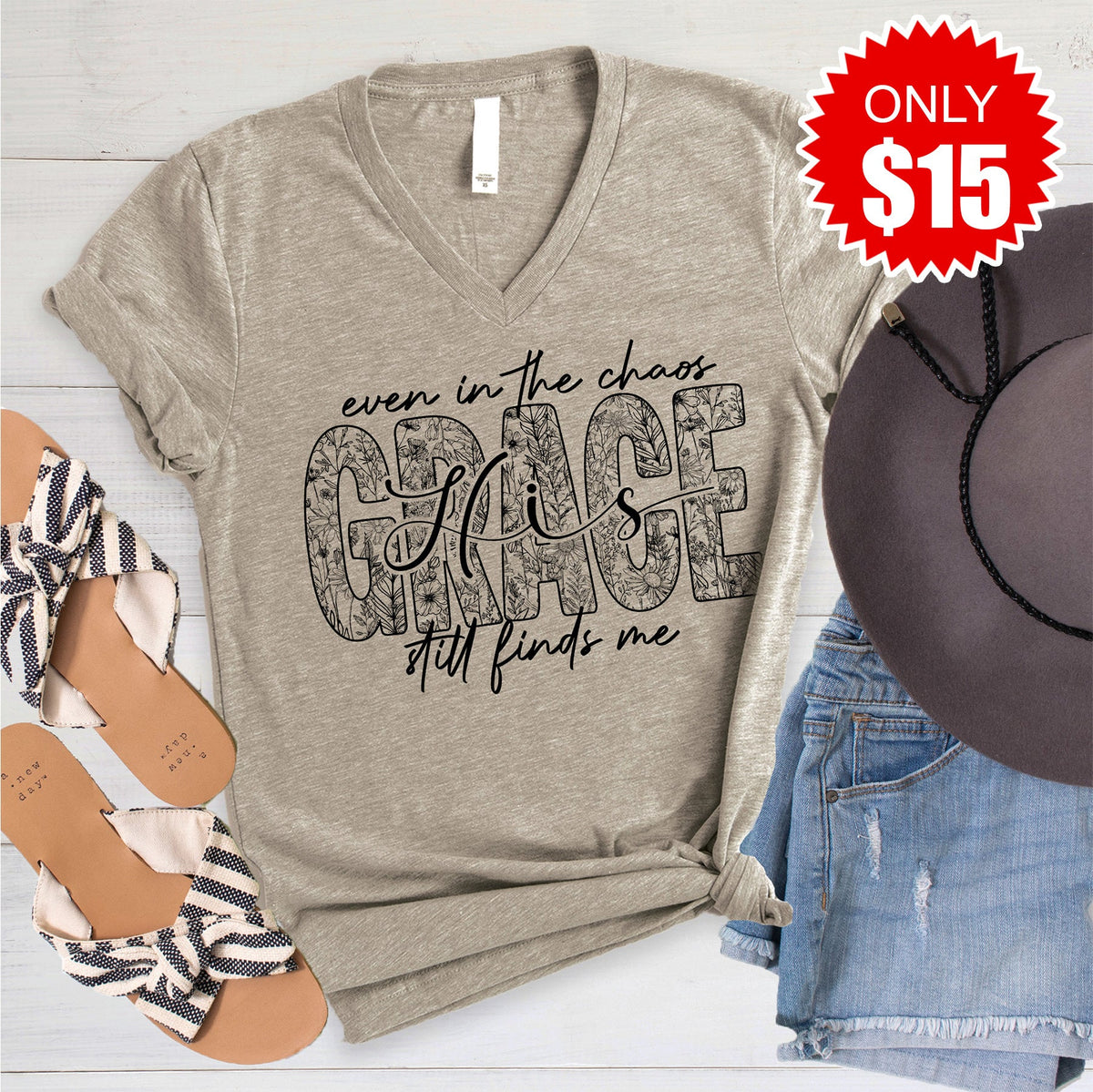 Grace Still Finds Me V-Neck - Heather Stone - 15