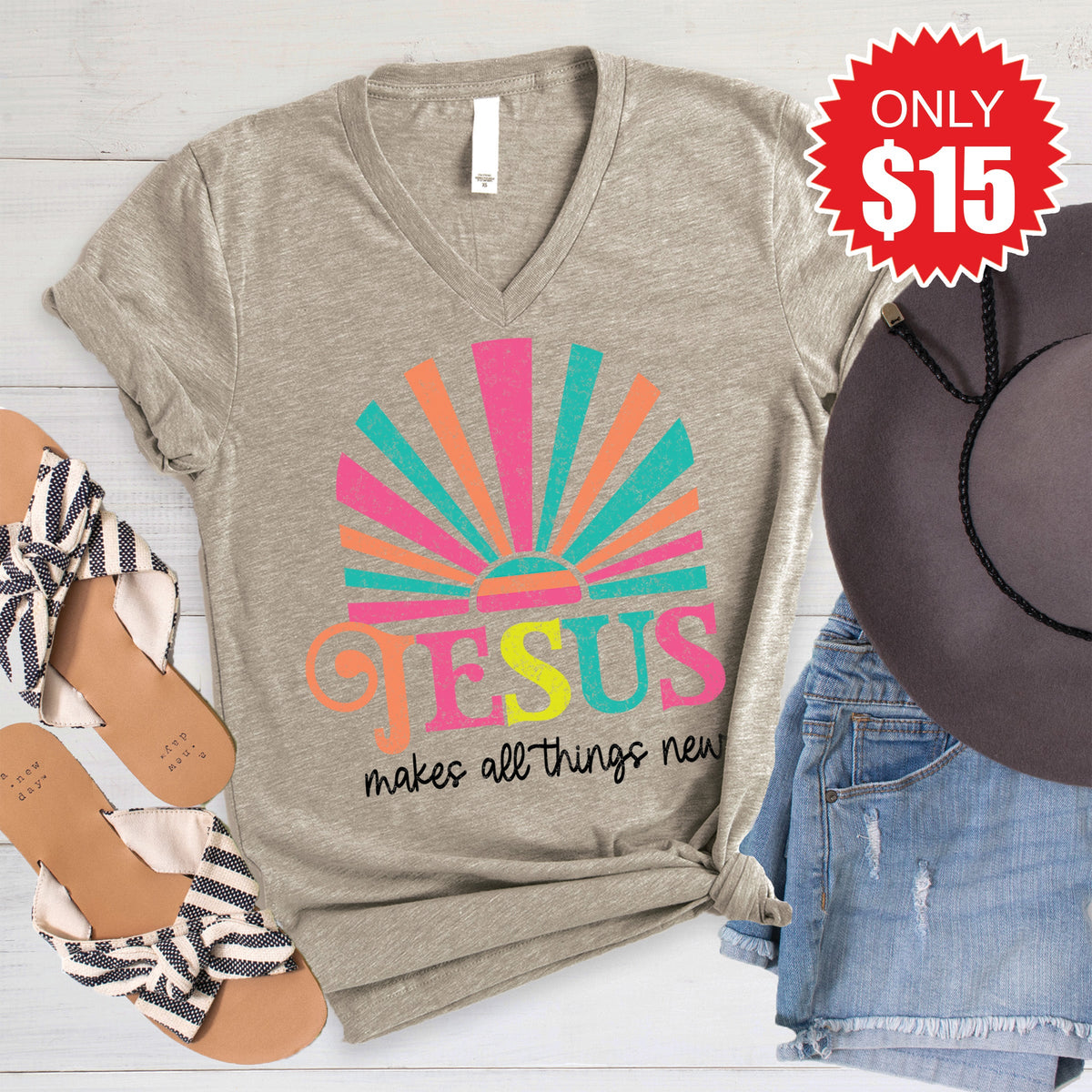 Jesus Makes All Things New V-Neck - Heather Stone - 15