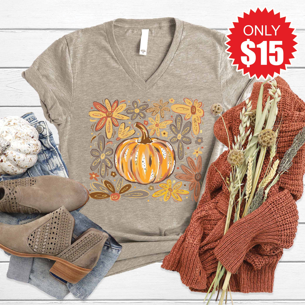 Pumpkin V-Neck - Heather Stone - 15