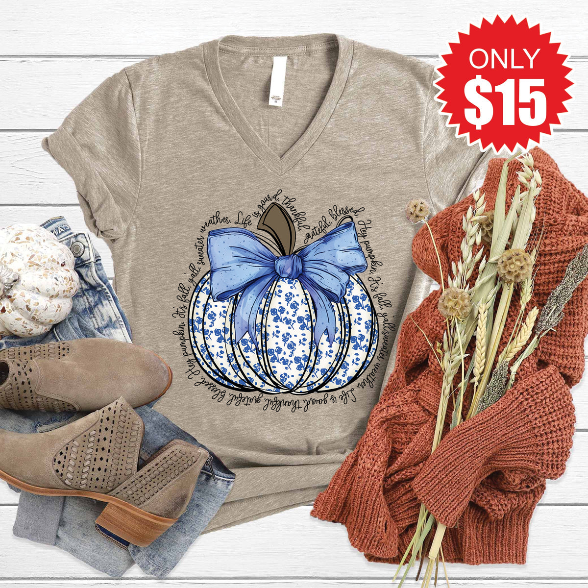 Blue Floral Pumpkin V-Neck - Heather Stone - 15