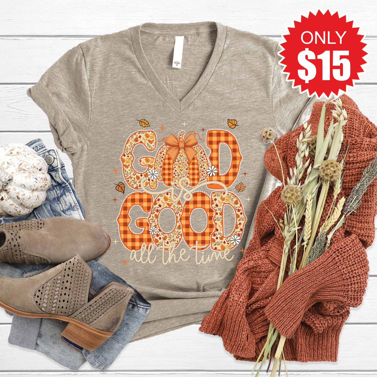 God is Good Fall V-Neck - Heather Stone - 15