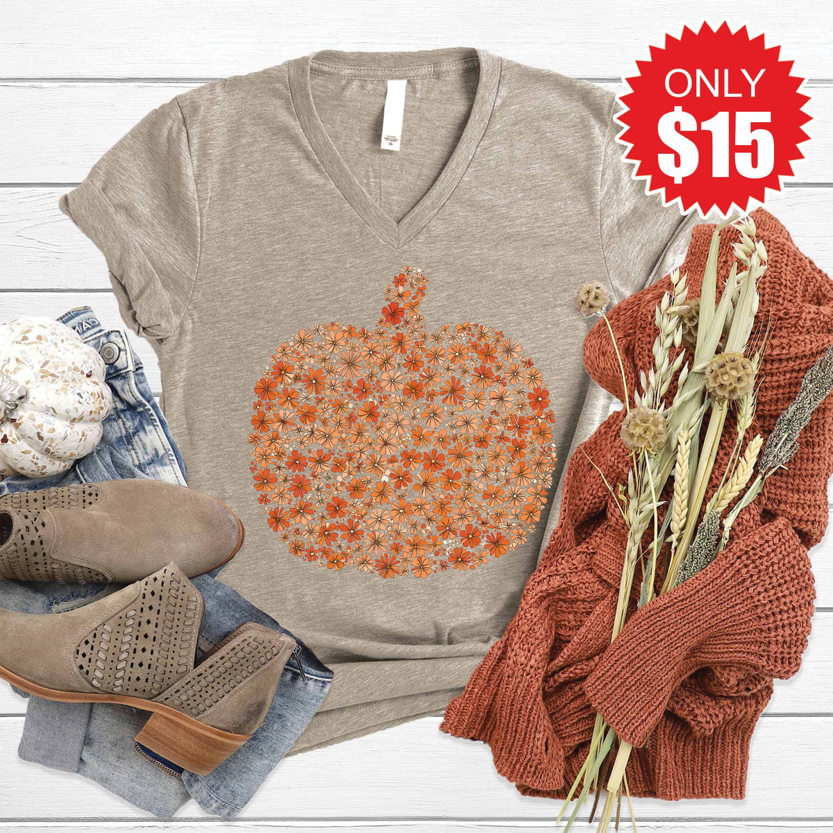 Pumpkin V-Neck - Heather Stone - 15