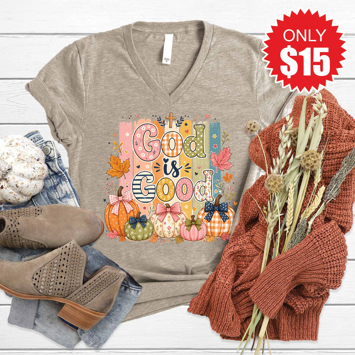 God Is Good V-Neck - Heather Stone - 15