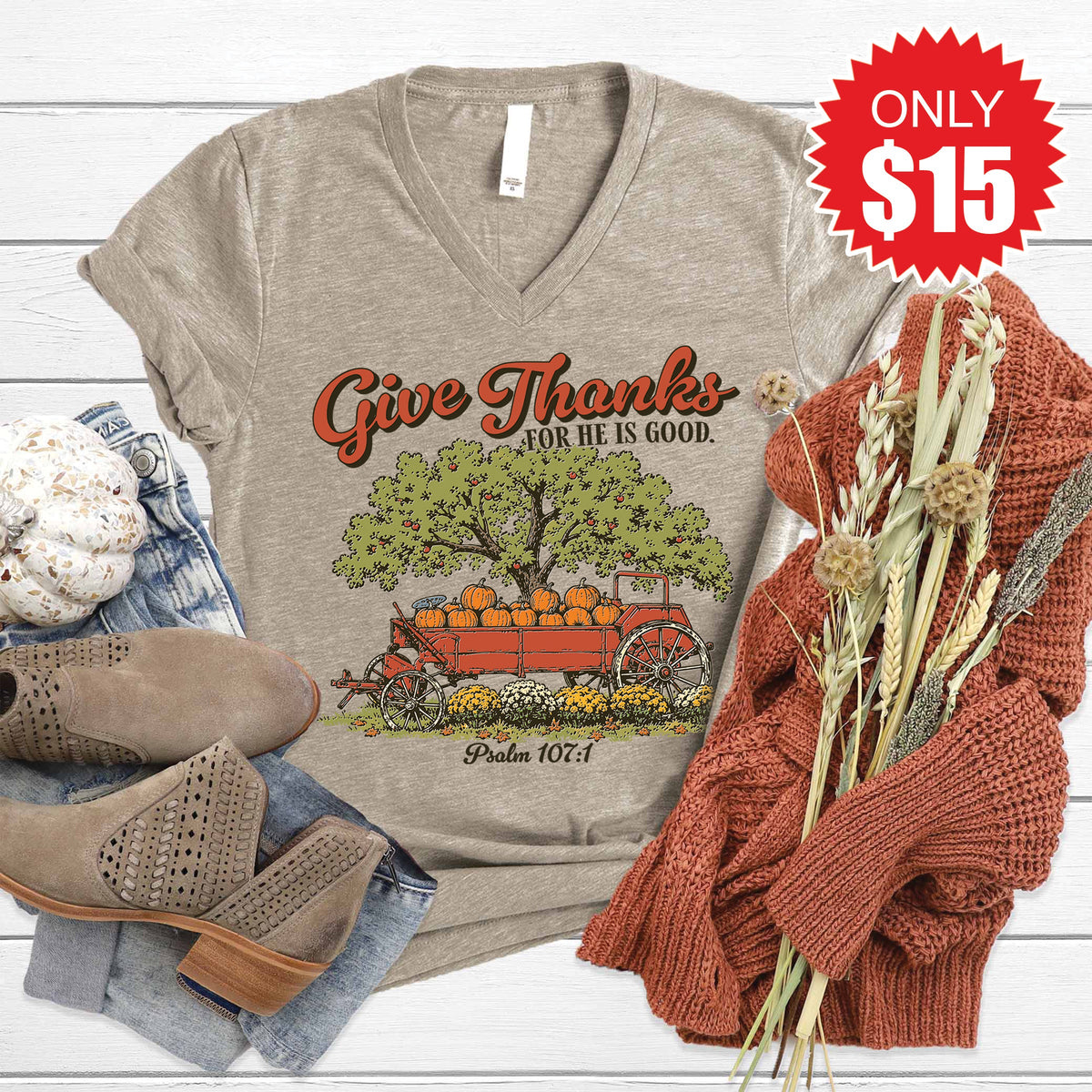 Give Thanks V-Neck - Heather Stone - 15