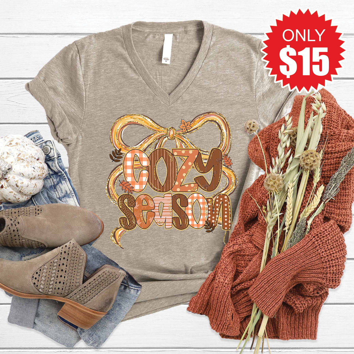 Cozy Season Bow V-Neck - Heather Stone - 15