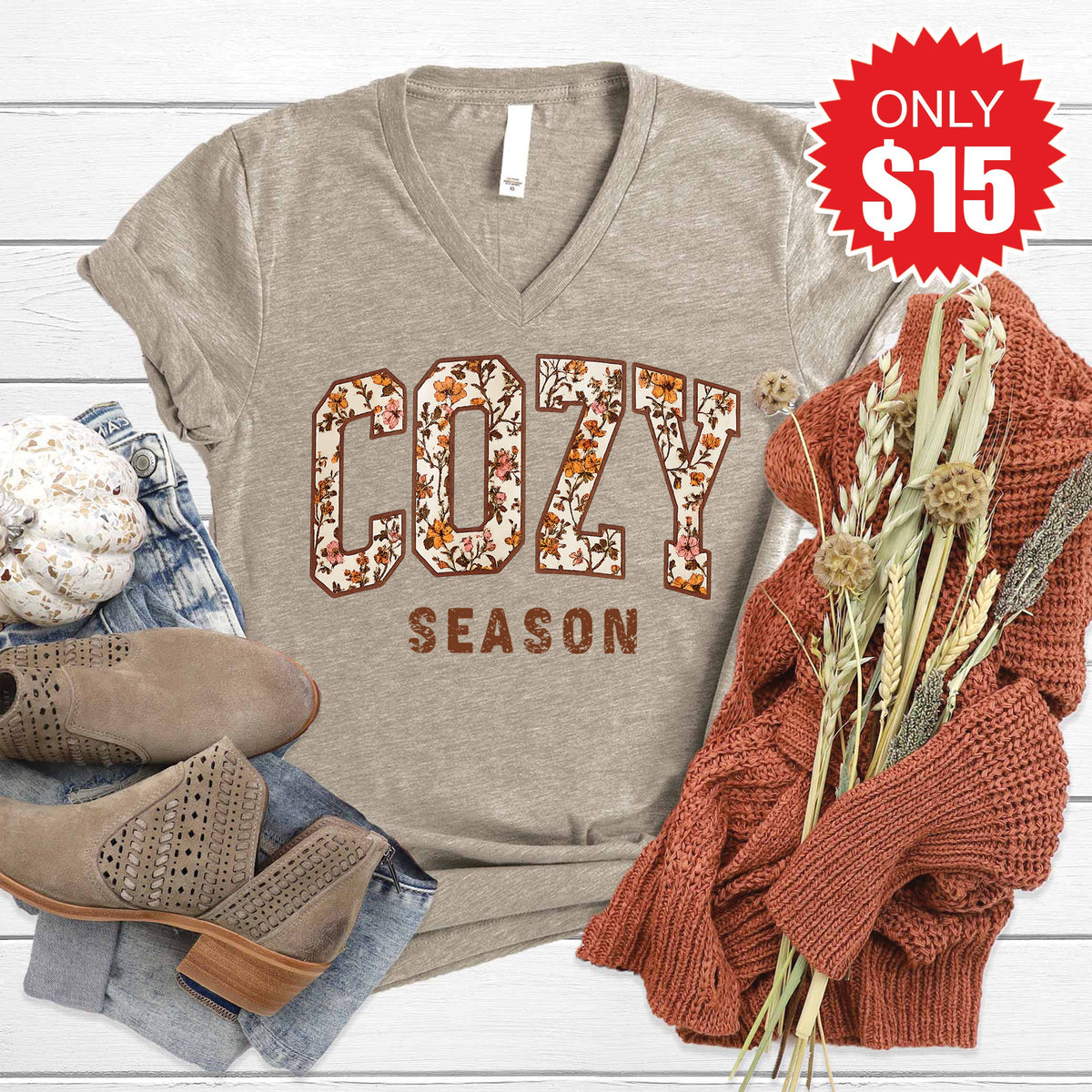 Cozy Season V-Neck - Heather Stone - 15