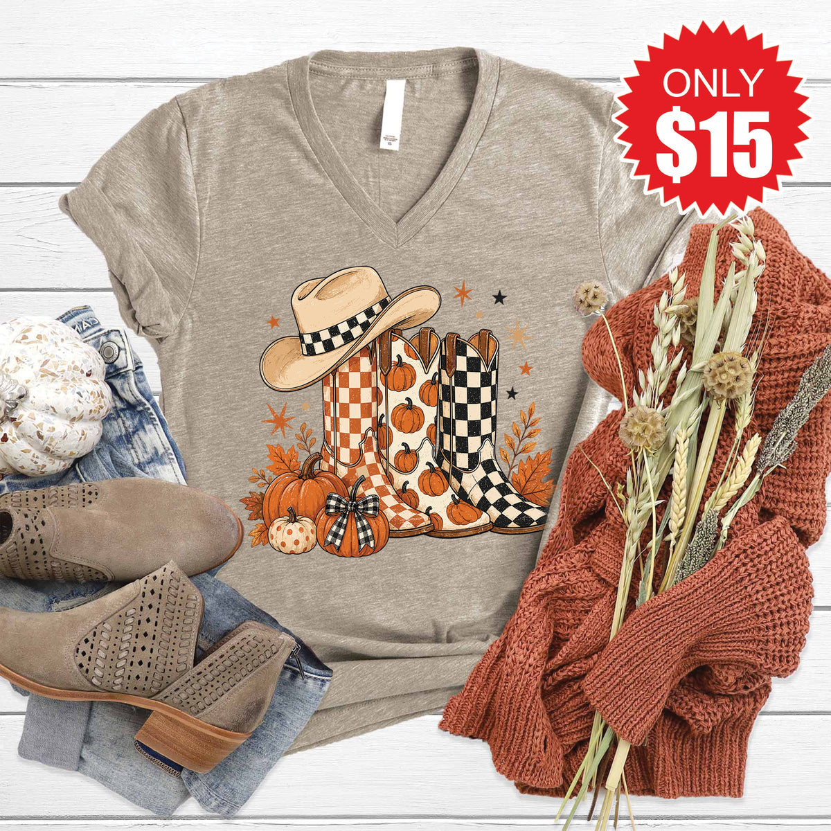 Fall Boots V-Neck - Heather Stone - 15