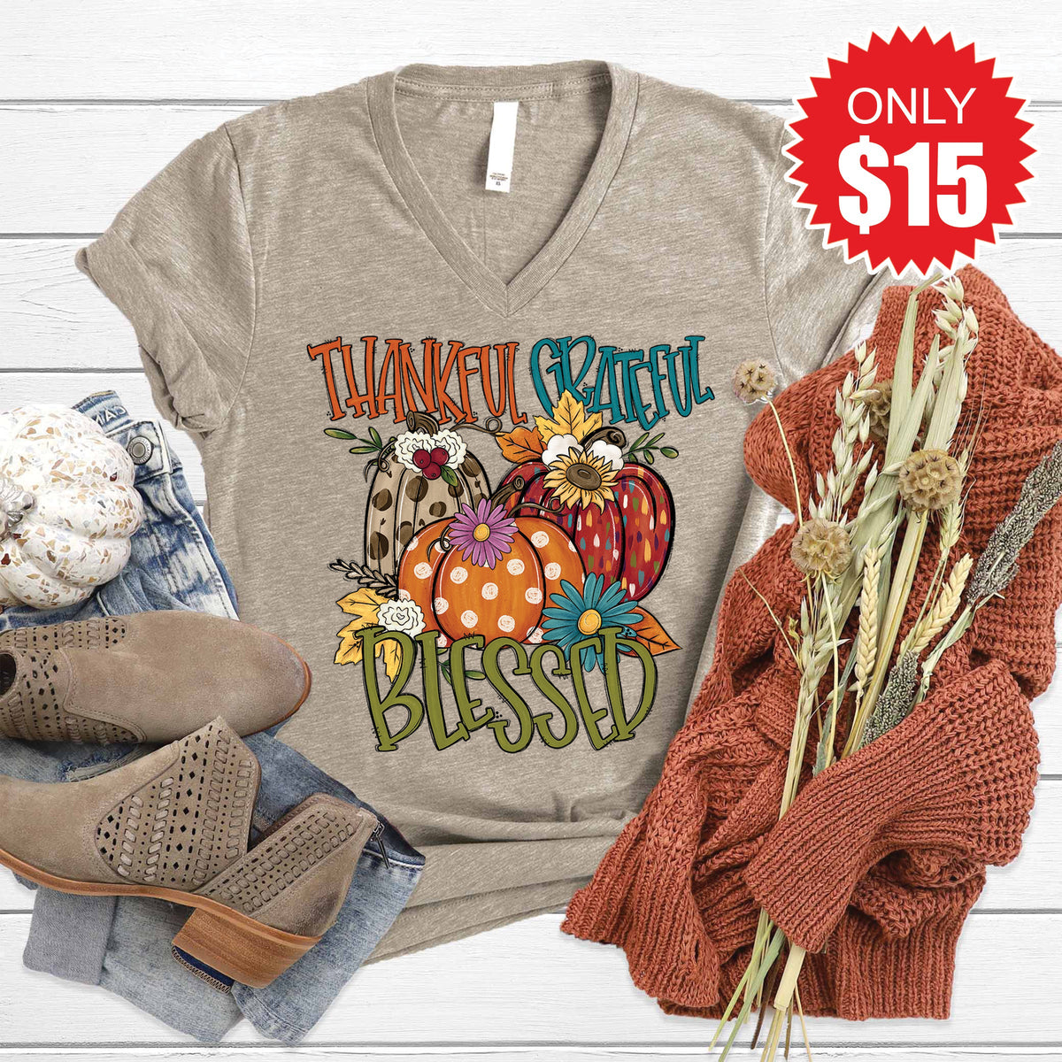Thankful Grateful Blessed Fall V-Neck - Heather Stone - 15