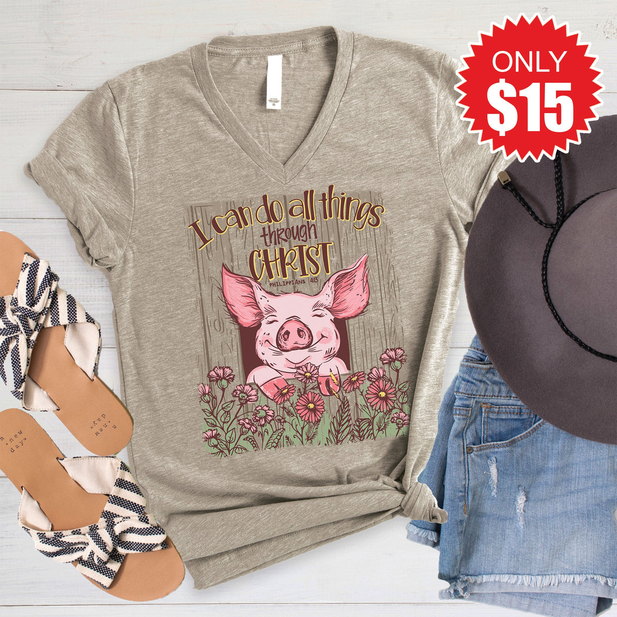 I Can Do All Things V-Neck - Heather Stone - 15