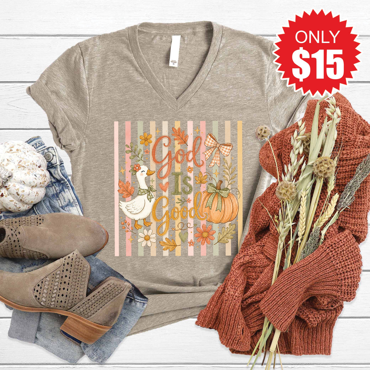 God Is Good V-Neck - Heather Stone - 15