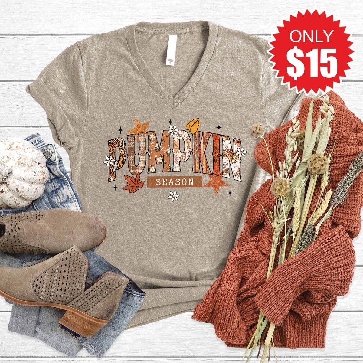 Pumpkin Season V-Neck - Heather Stone - 15
