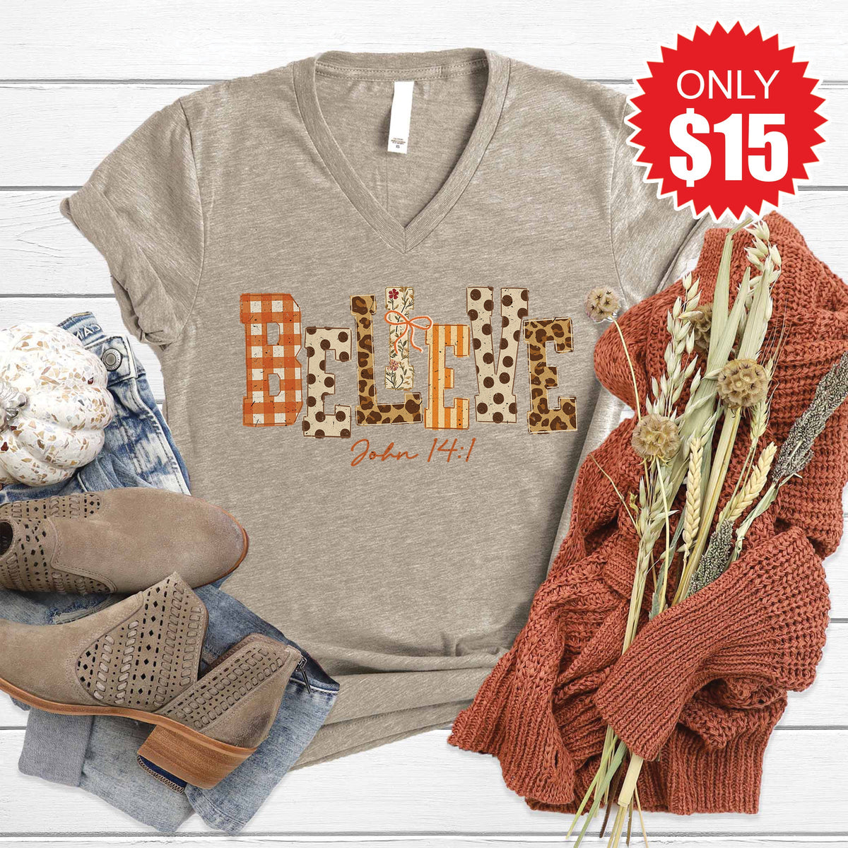 Believe V-Neck - Heather Stone - 15