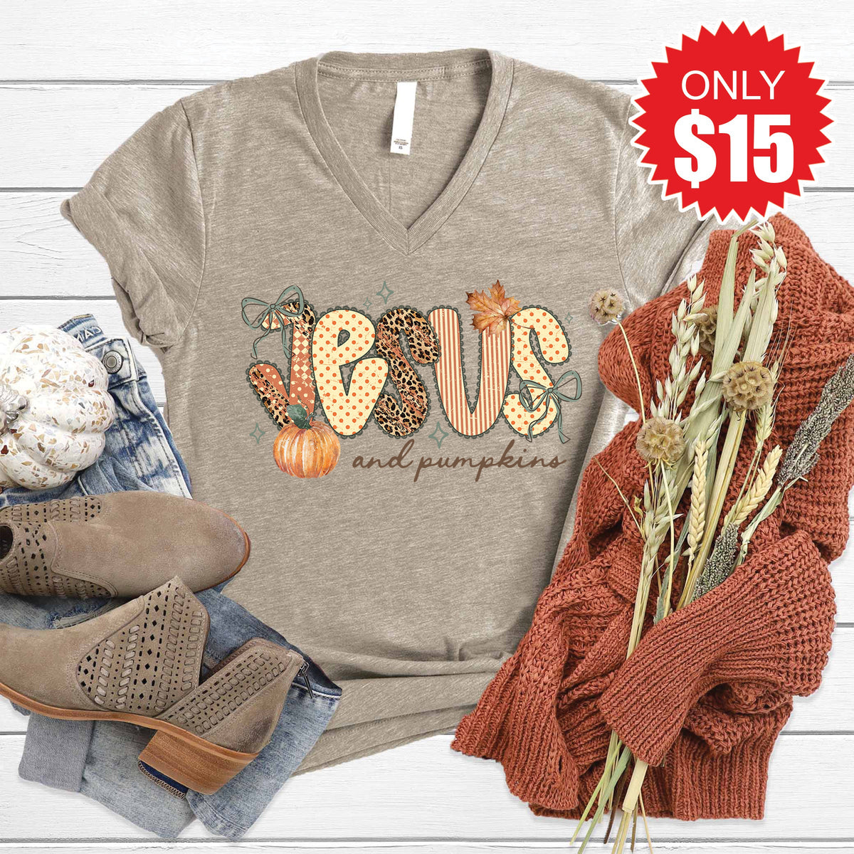 Jesus And Pumpkins V-Neck - Heather Stone - 15