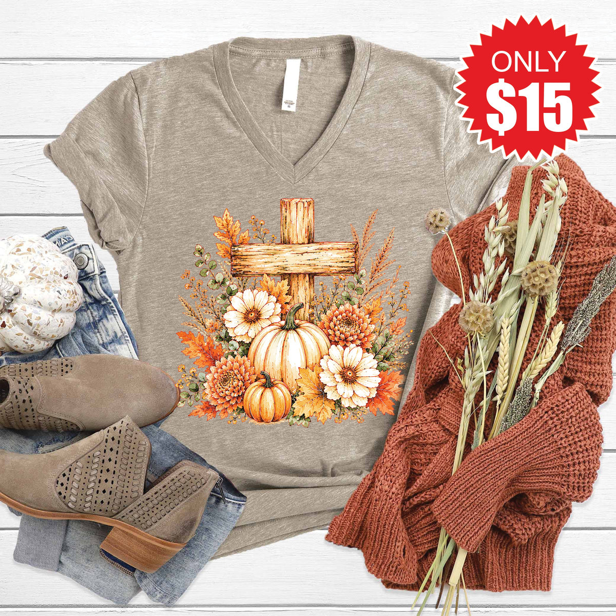 Cross And Pumpkins V-Neck - Heather Stone - 15