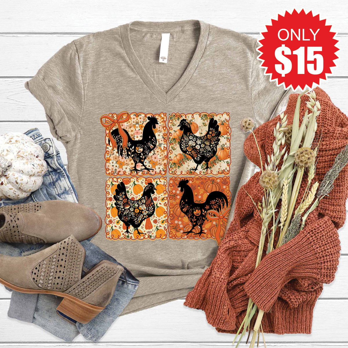 Chicken Patchwork V-Neck - Heather Stone - 15