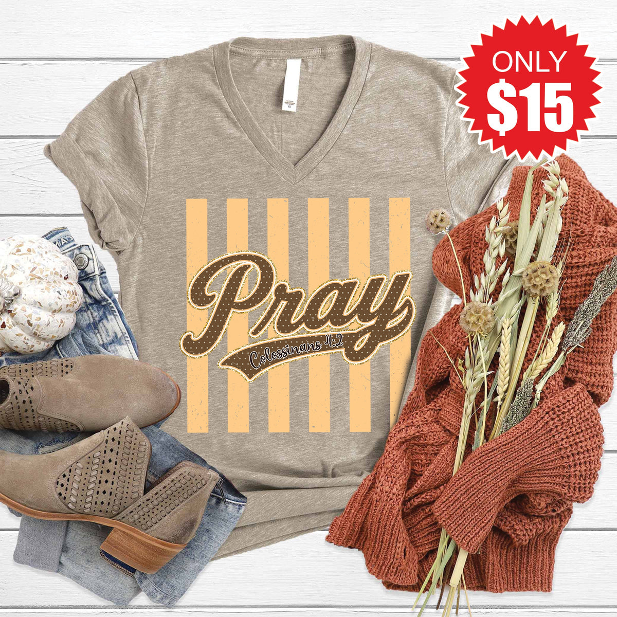 Pray V-Neck - Heather Stone - 15