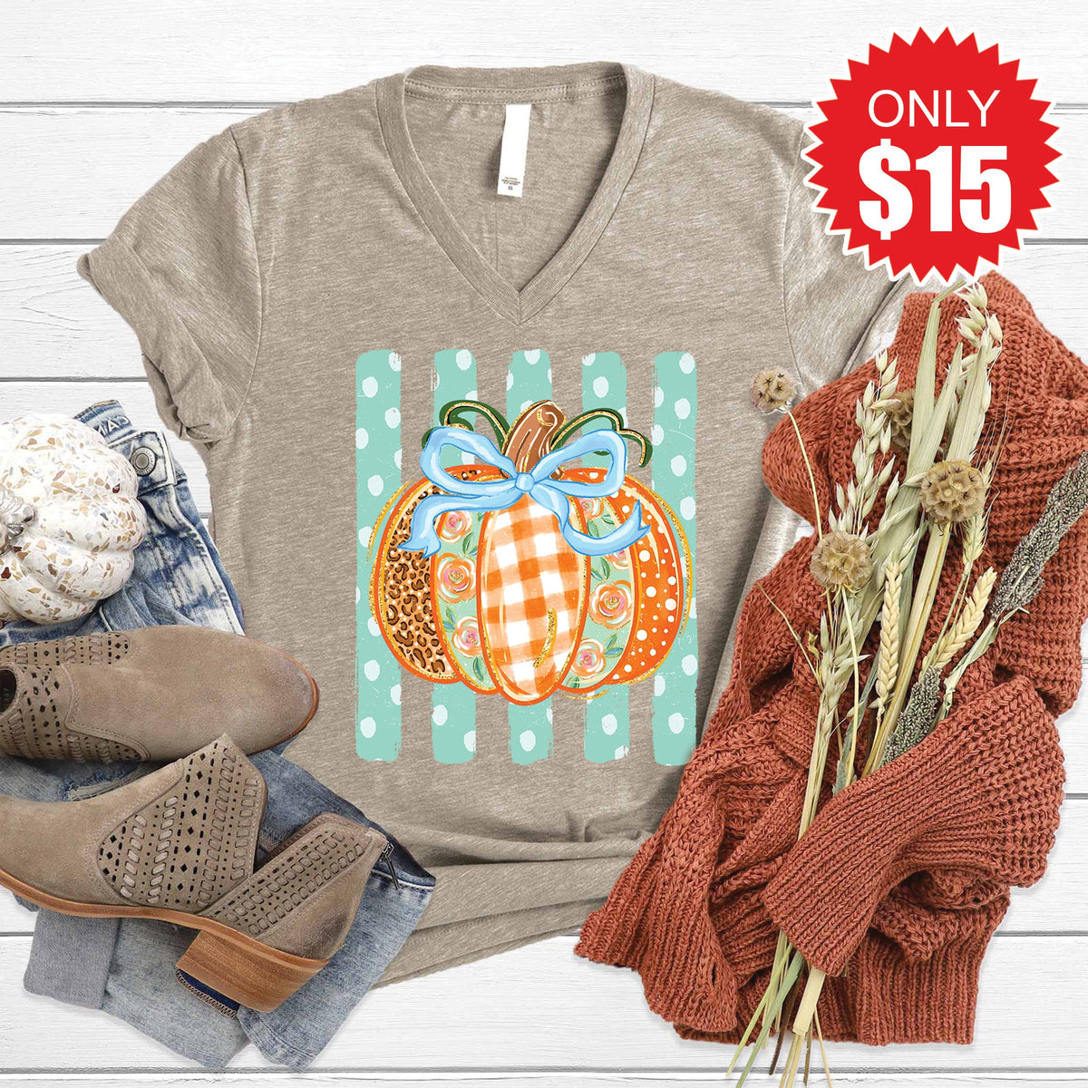Pumpkin V-Neck - Heather Stone - 15