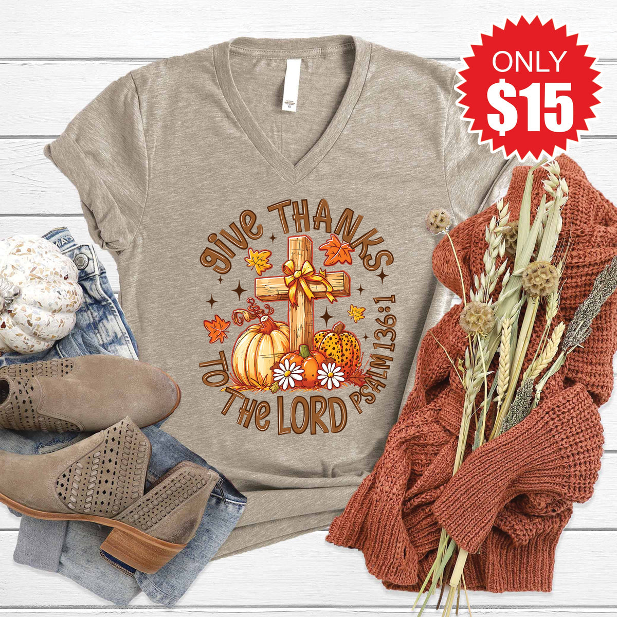 Give Thanks V-Neck - Heather Stone - 15