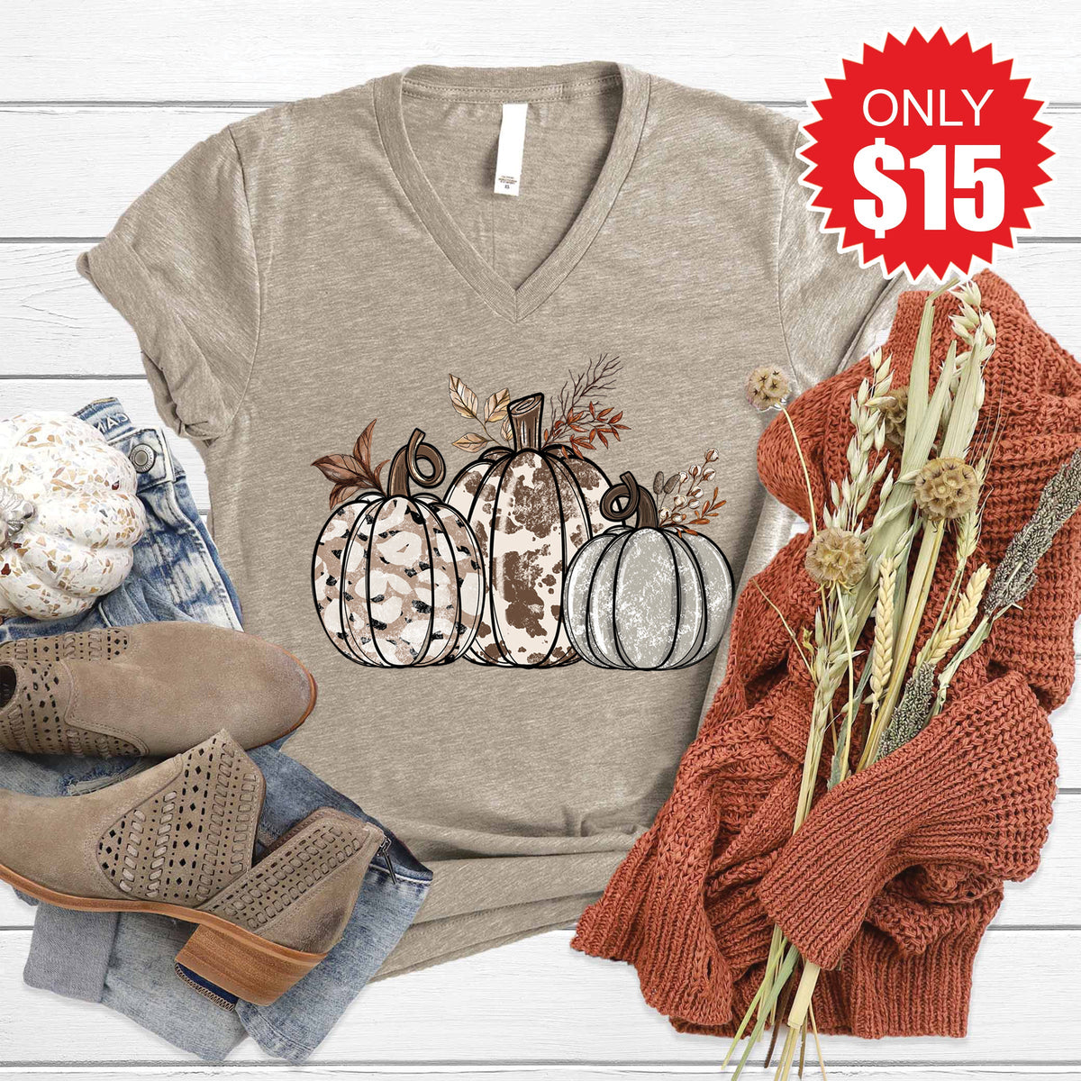 Pumpkin Trio V-Neck - Heather Stone - 15