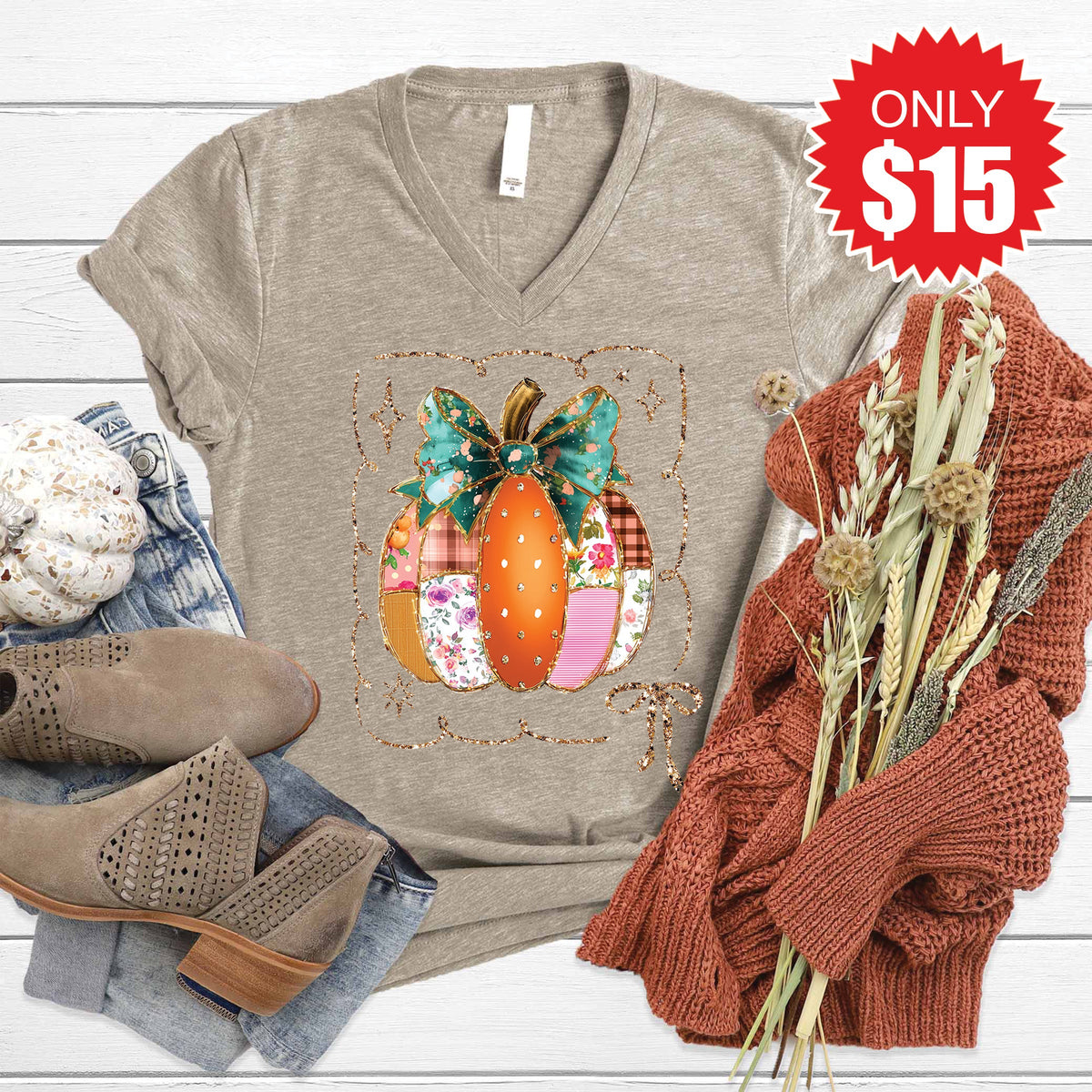 Patchwork Pumpkin V-Neck - Heather Stone - 15