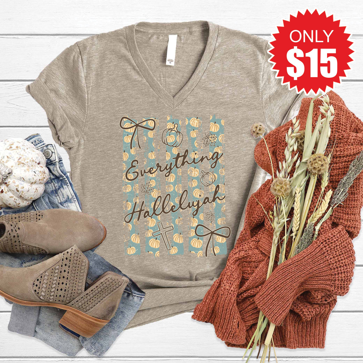 Everything Hallelujah V-Neck - Heather Stone - 15