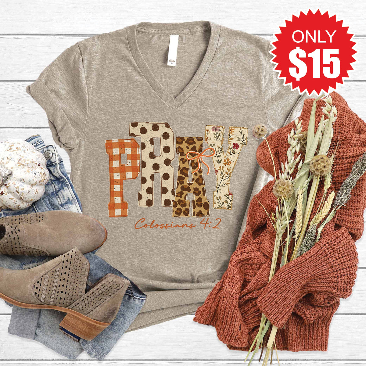 Pray V-Neck - Heather Stone - 15