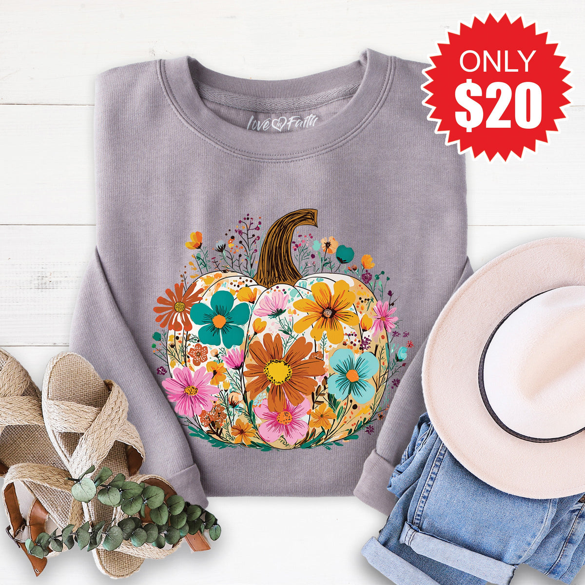 Pumpkin Boho Floral Sweatshirt - Heather Storm - 20 product image 1