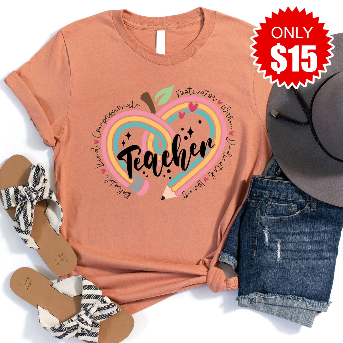 Teacher Pencil Heart Tee - Heather Terracotta - 15 product image 1