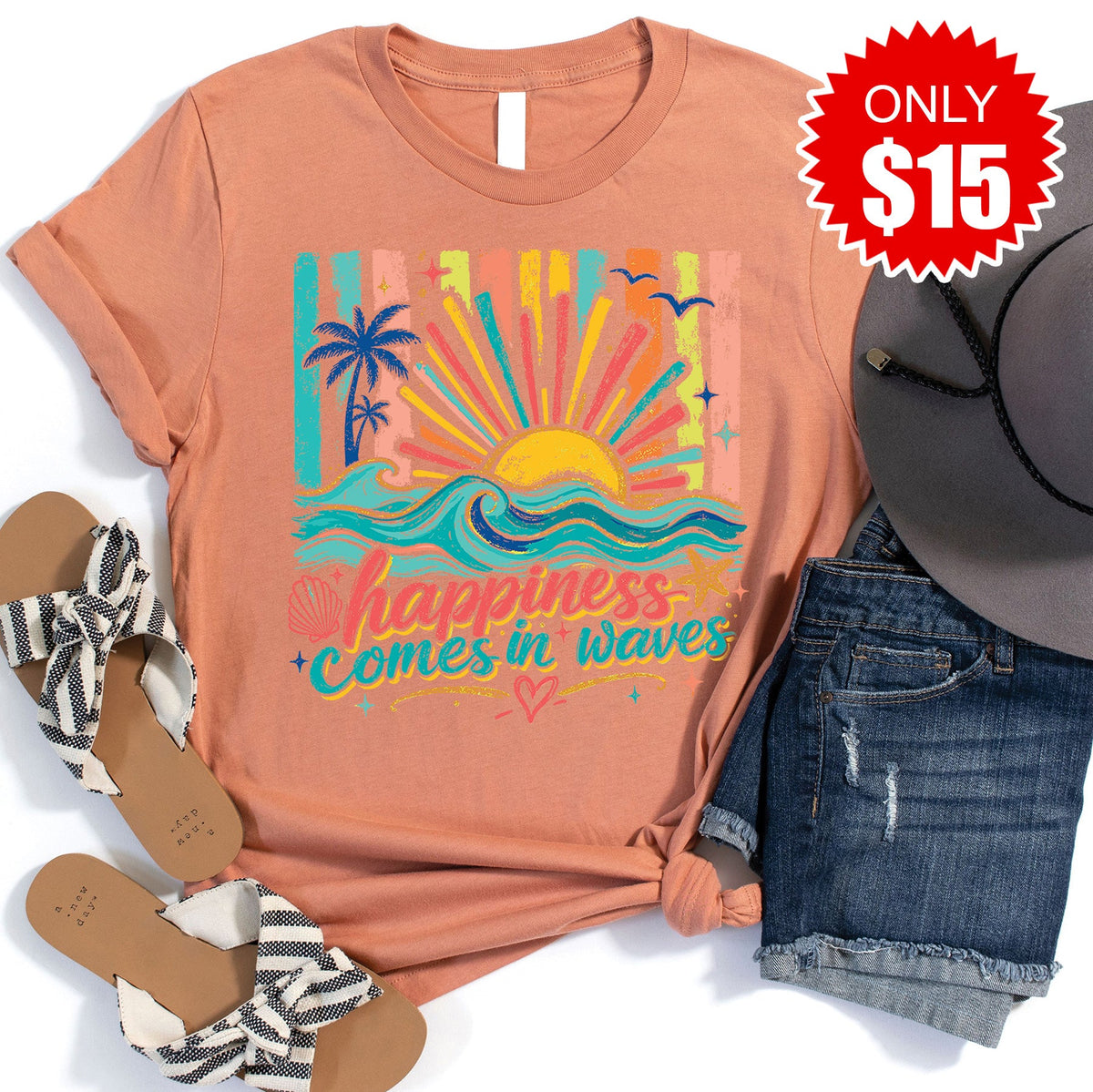 Happiness Comes In Waves Tee - Heather Terracotta - 15 product image 1