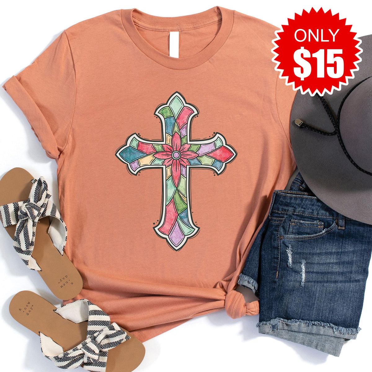 Stained Glass Cross Tee - Heather Terracotta - 15 product image 1