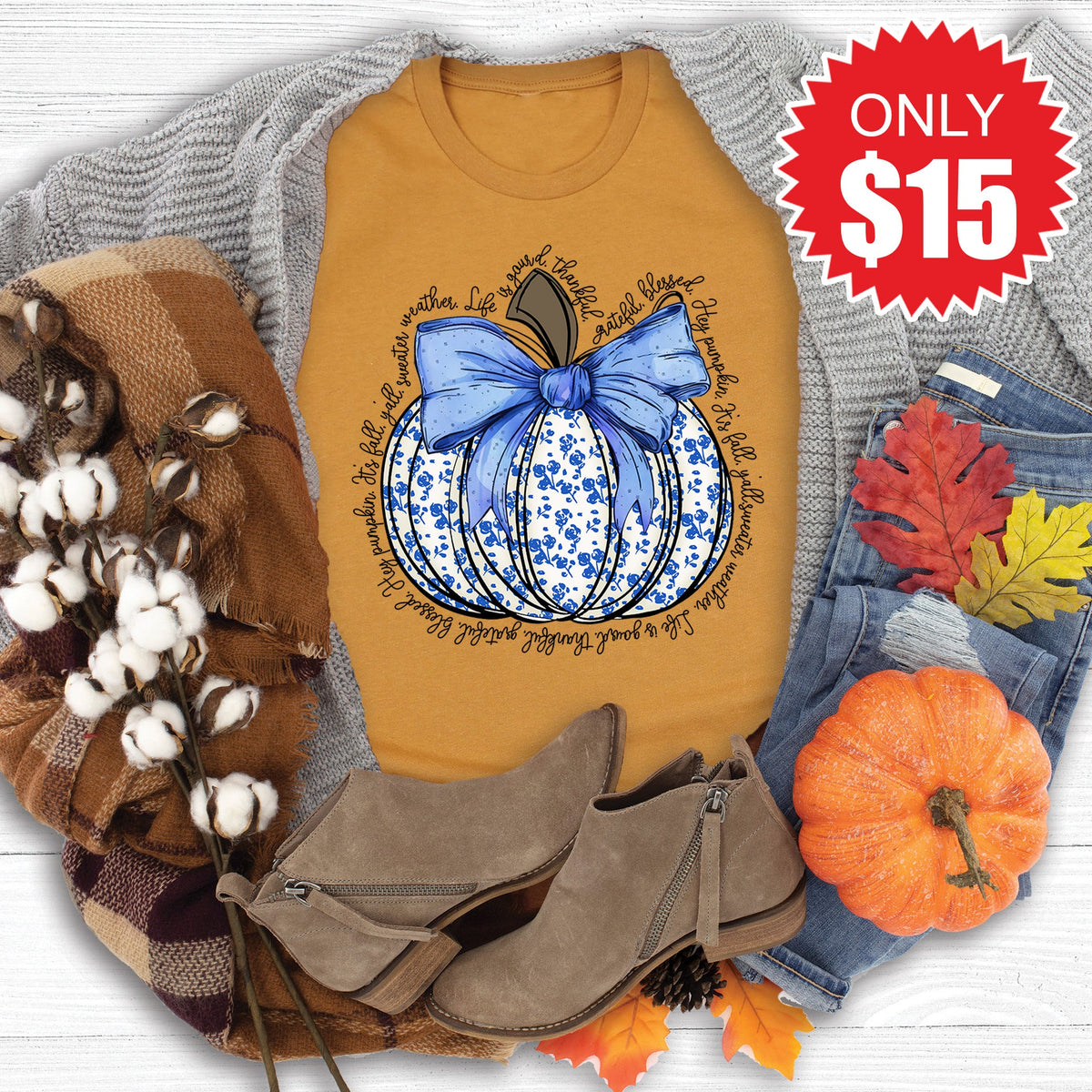 Blue Floral Pumpkin Tee - Heather Toast - 15 product image 1