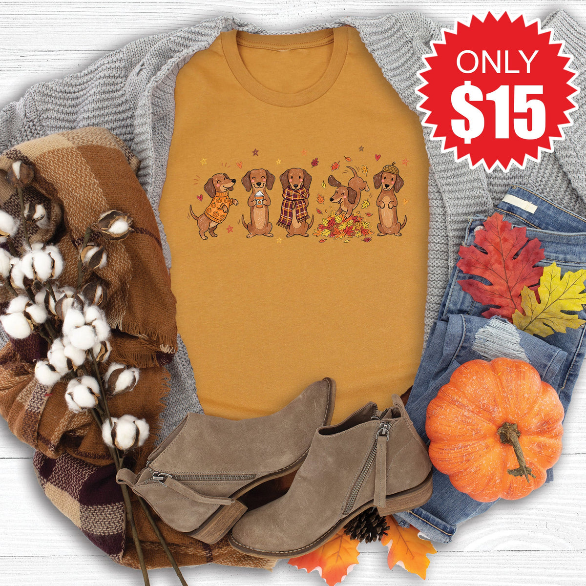 Fall Dachshund Tee - Heather Toast - 15 product image 1