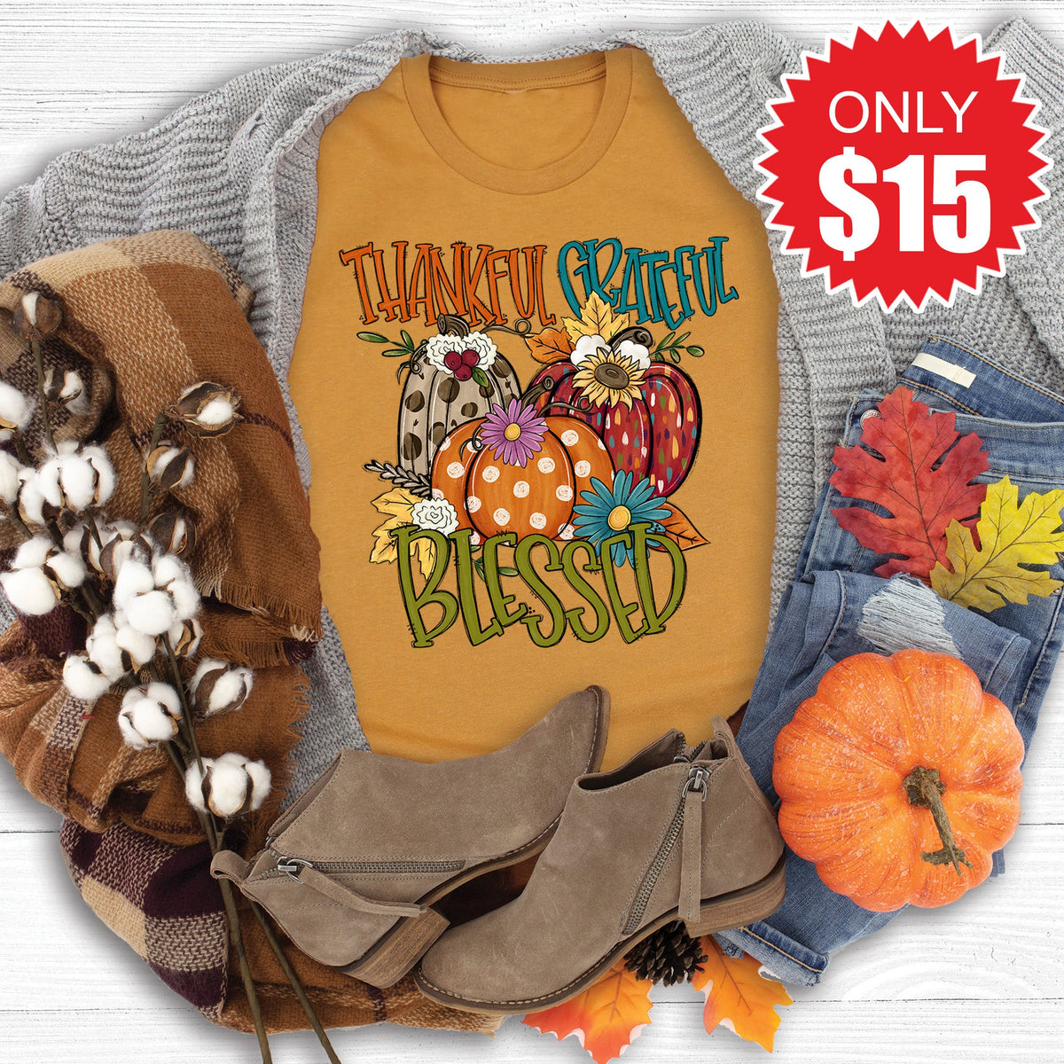 Thankful Grateful Blessed Fall Tee - Heather Toast - 15 product image 1
