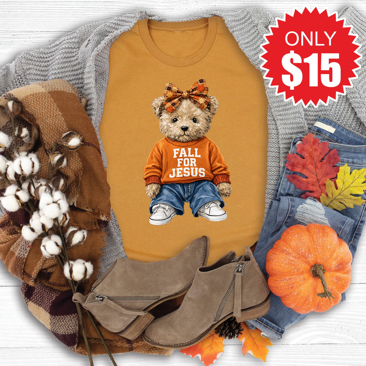 Fall For Jesus Teddy Bear Tee - Heather Toast - 15 product image 1