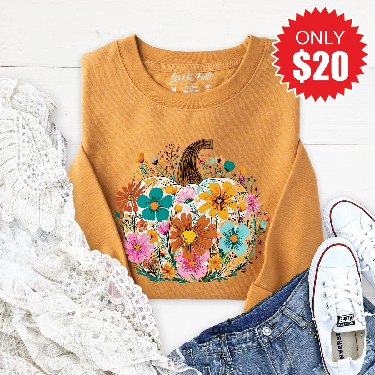 Pumpkin Boho Floral Sweatshirt - Heather Toast - 20 product image 1