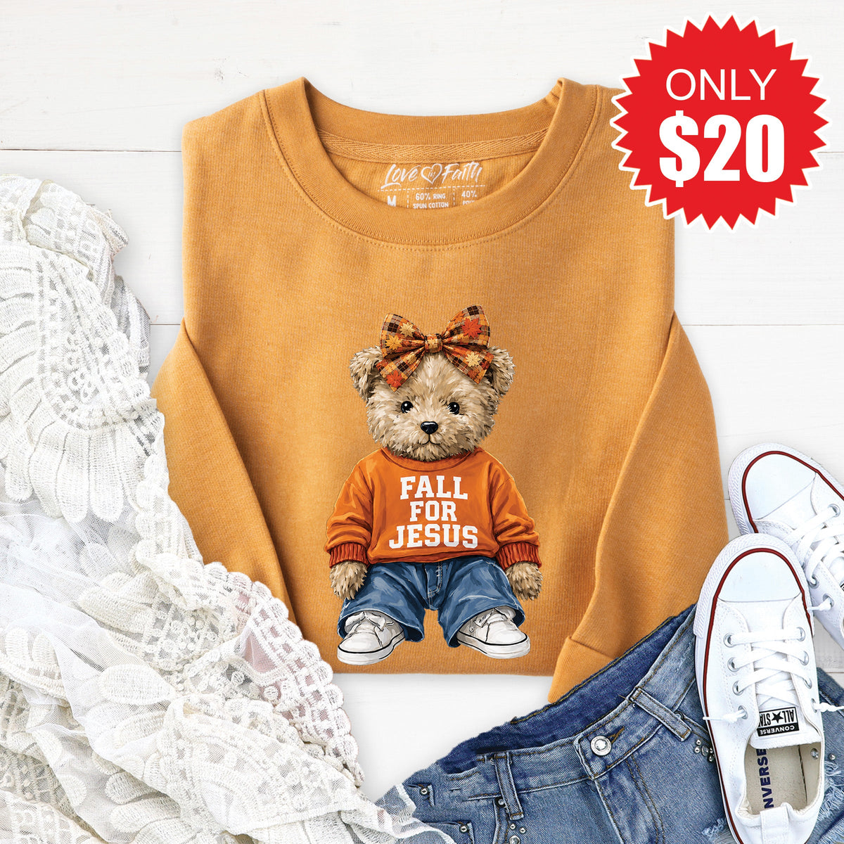 Fall For Jesus Teddy Bear Sweatshirt - Heather Toast - 20 product image 1