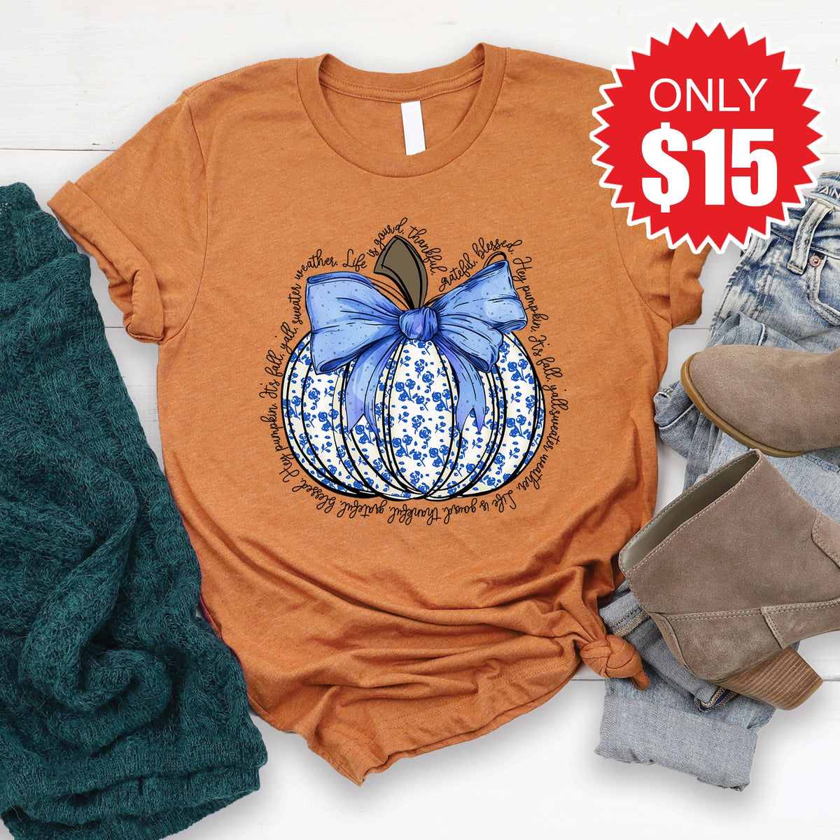 Blue Floral Pumpkin Tee - Heather Autumn - 15 product image 1