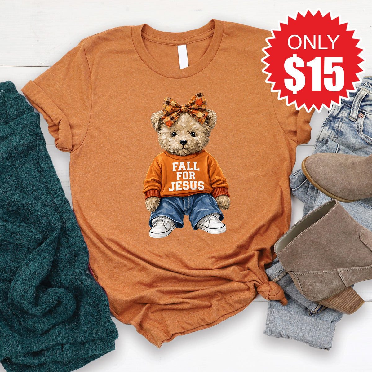 Fall For Jesus Teddy Bear Tee - Heather Autumn - 15 product image 1