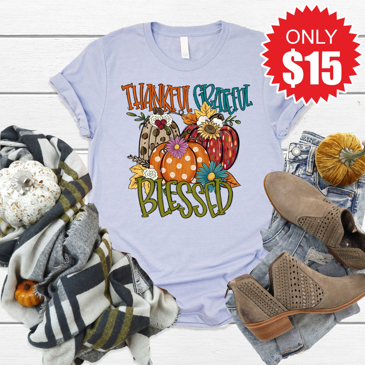 Thankful Grateful Blessed Fall Tee - Heather Blue - 15 product image 1