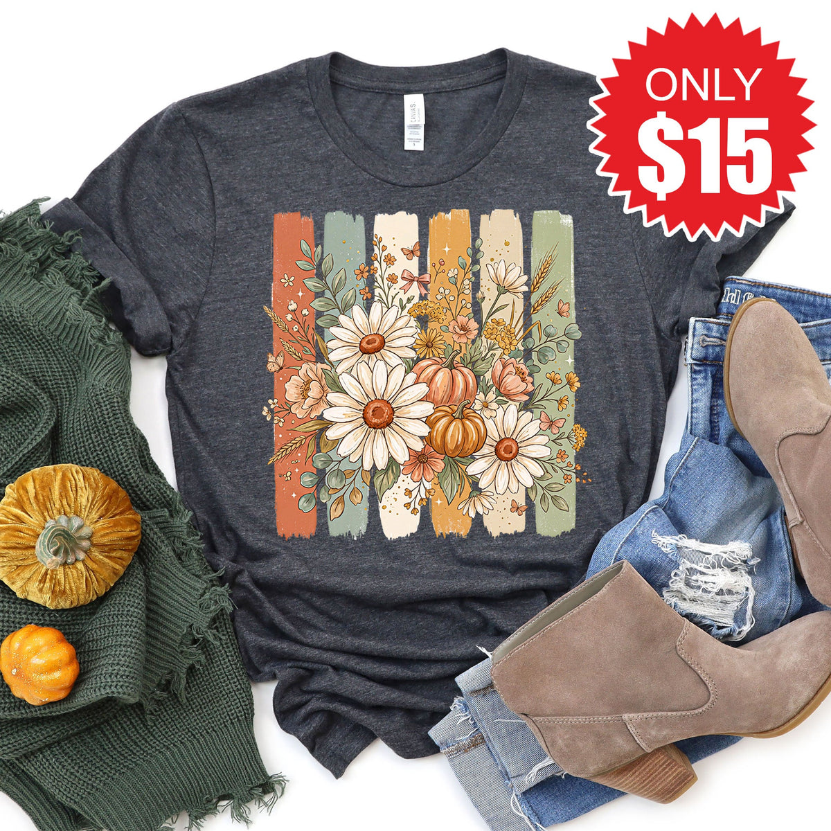 Flowers and Pumpkins Tee - Heather Charcoal - 15 product image 1