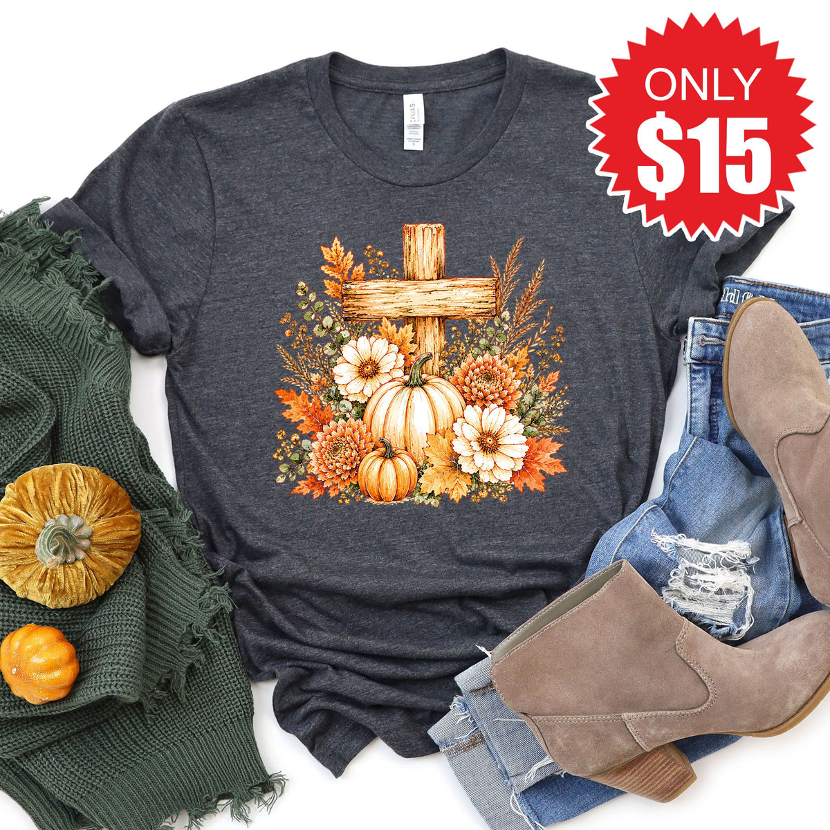 Cross And Pumpkins Tee - Heather Charcoal - 15 product image 1