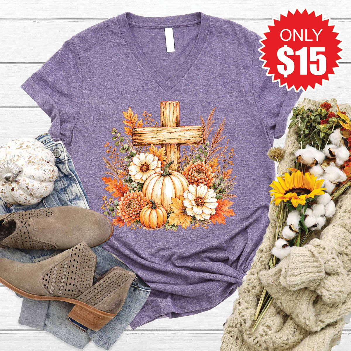 Cross And Pumpkins V-Neck - Heather Deep Purple - 15