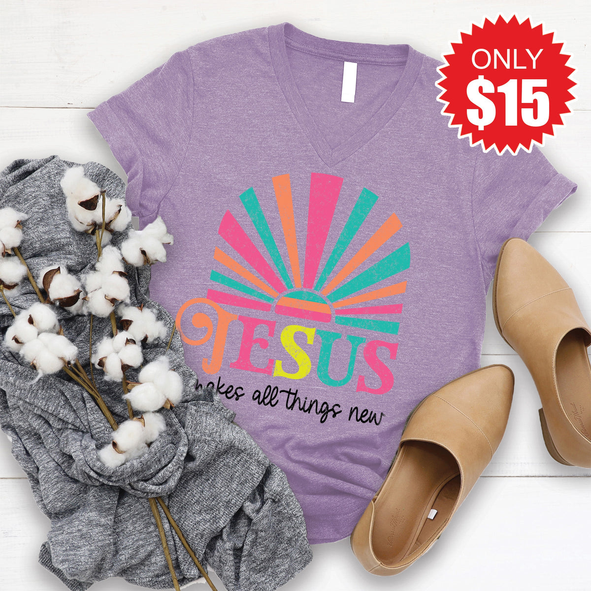 Jesus Makes All Things New V-Neck - Heather Deep Purple - 15