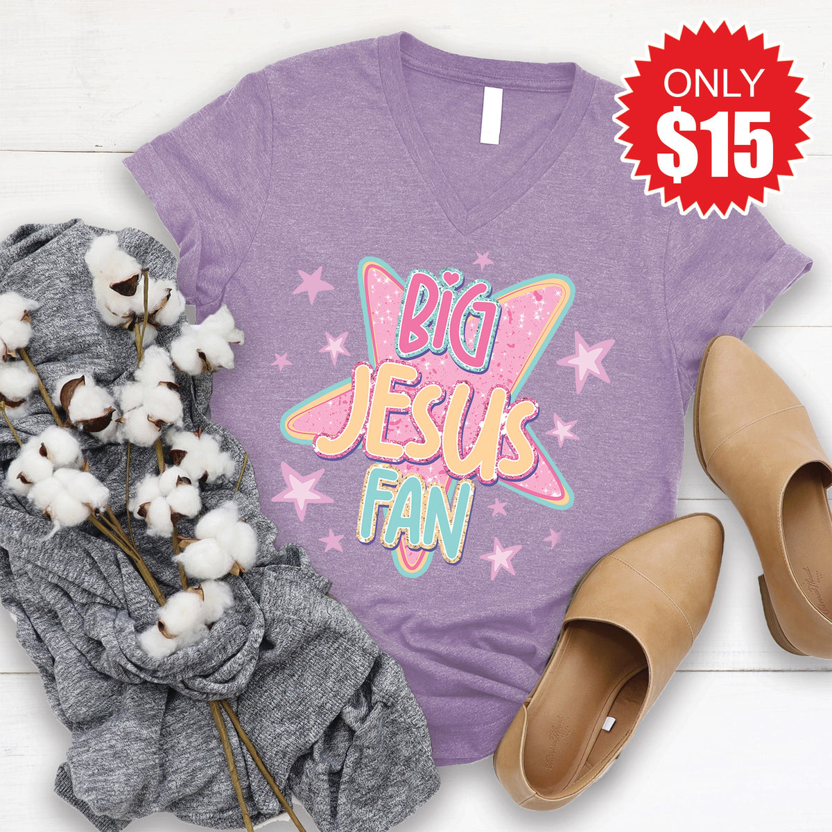 Big Jesus Fan V-Neck - Heather Deep Purple - 15