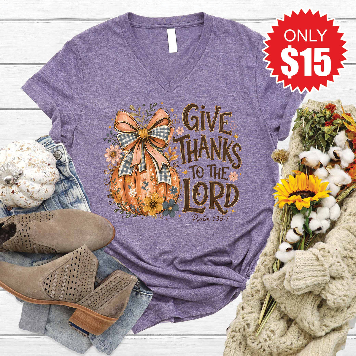 Give Thanks V-Neck - Heather Deep Purple - 15