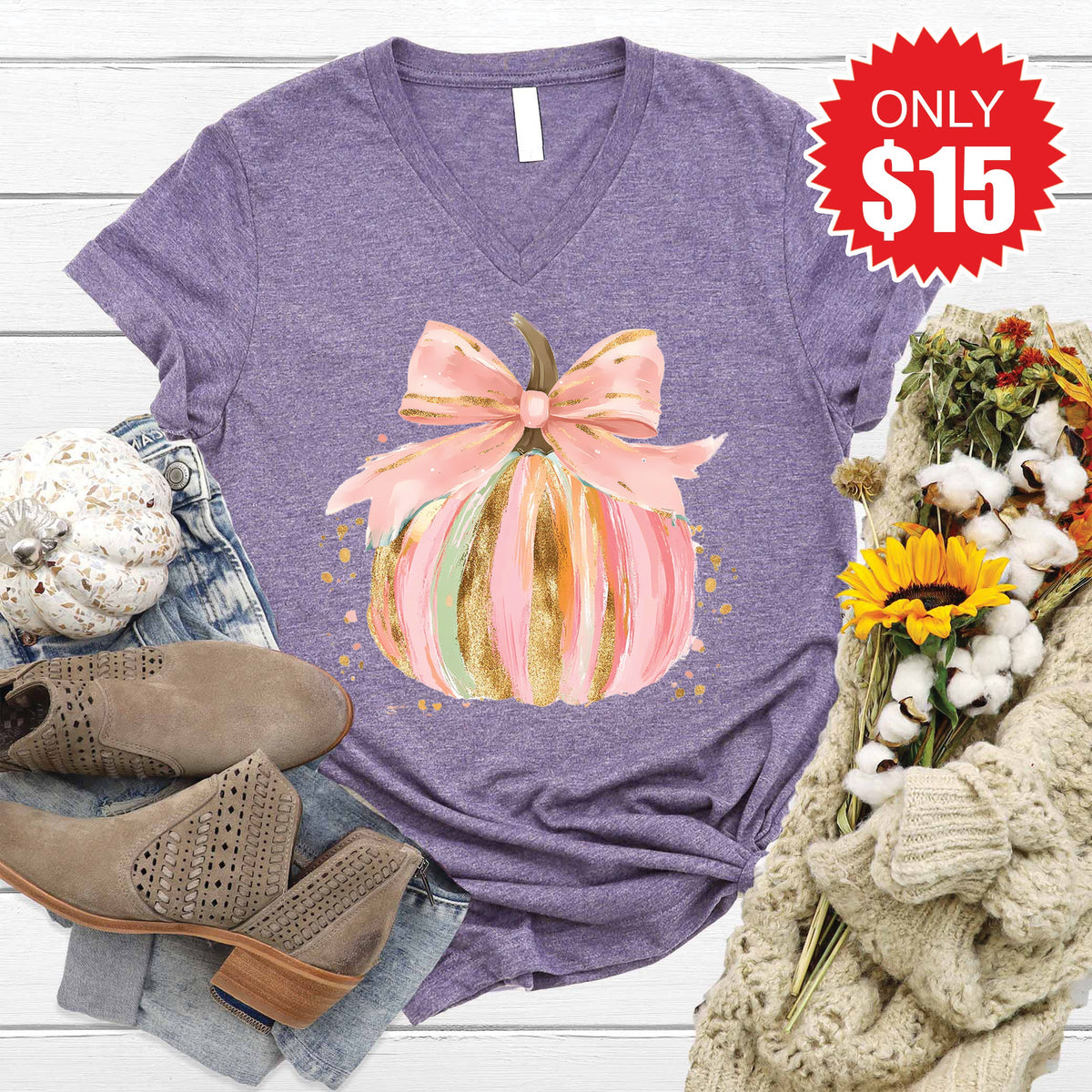 Pink Pumpkin V-Neck - Heather Deep Purple - 15