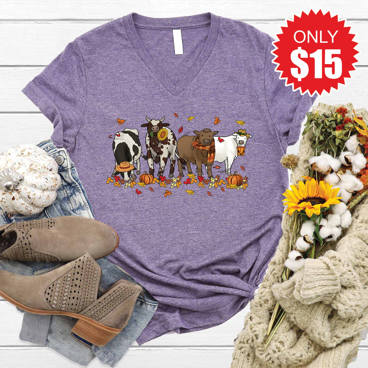 Cows Pumpkin V-Neck - Heather Deep Purple - 15