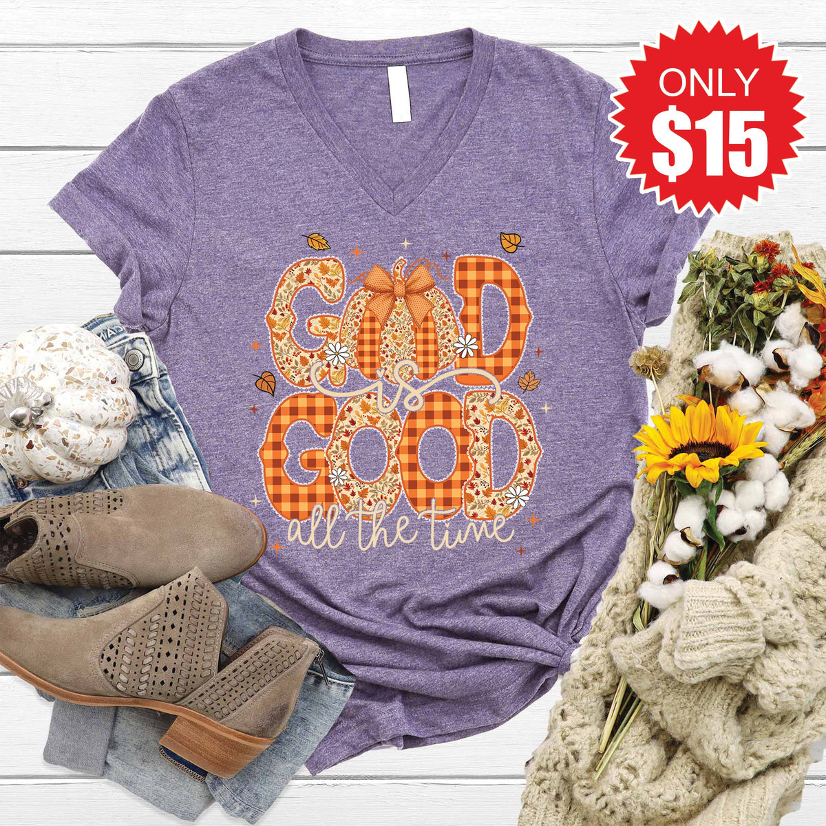 God is Good Fall V-Neck - Heather Deep Purple - 15
