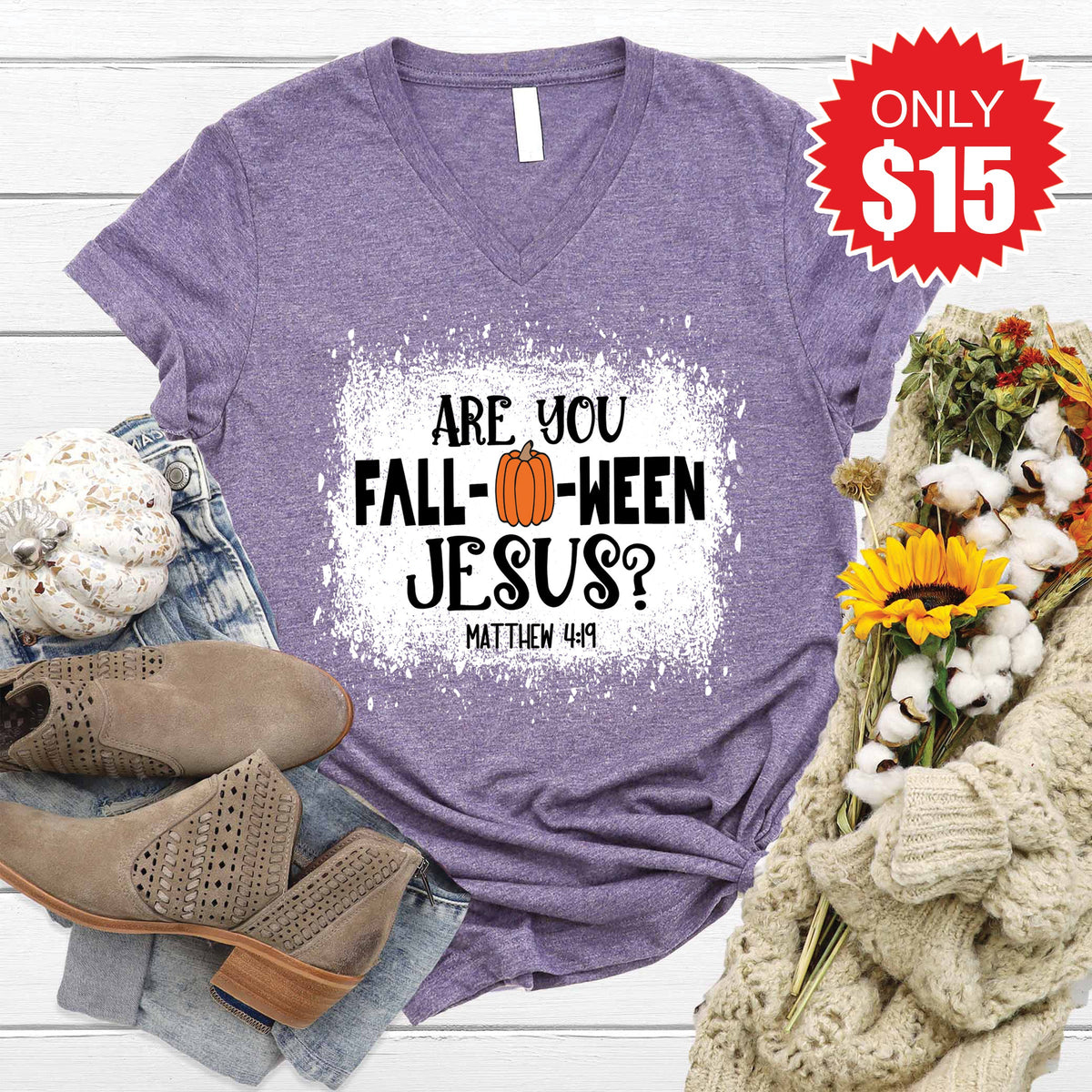 Are You Fall-O-Ween Jesus V-Neck - Heather Deep Purple - 15