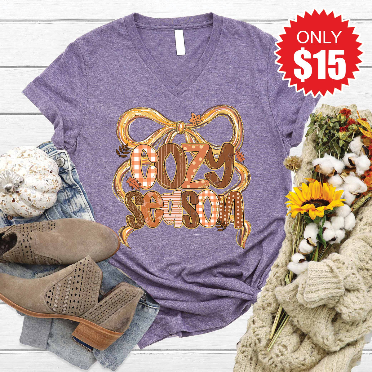Cozy Season Bow V-Neck - Heather Deep Purple - 15